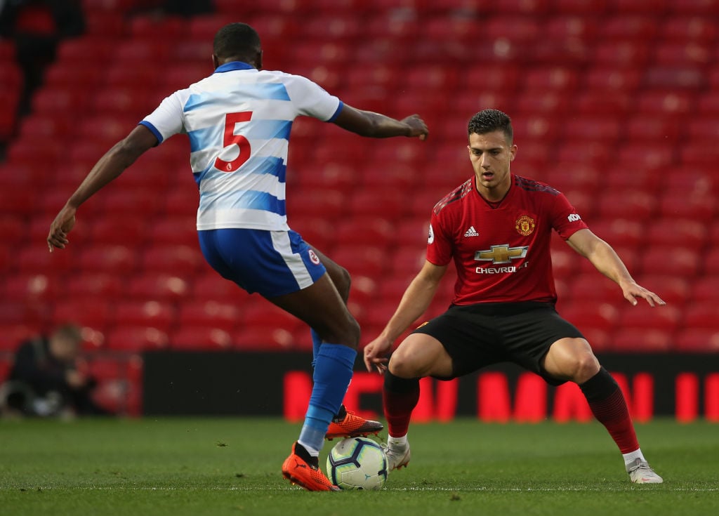 Diogo Dalot of Manchester United U23s in action during the Premier League 2 match between Manchester United U23s and Reading U23s at Old Trafford o...