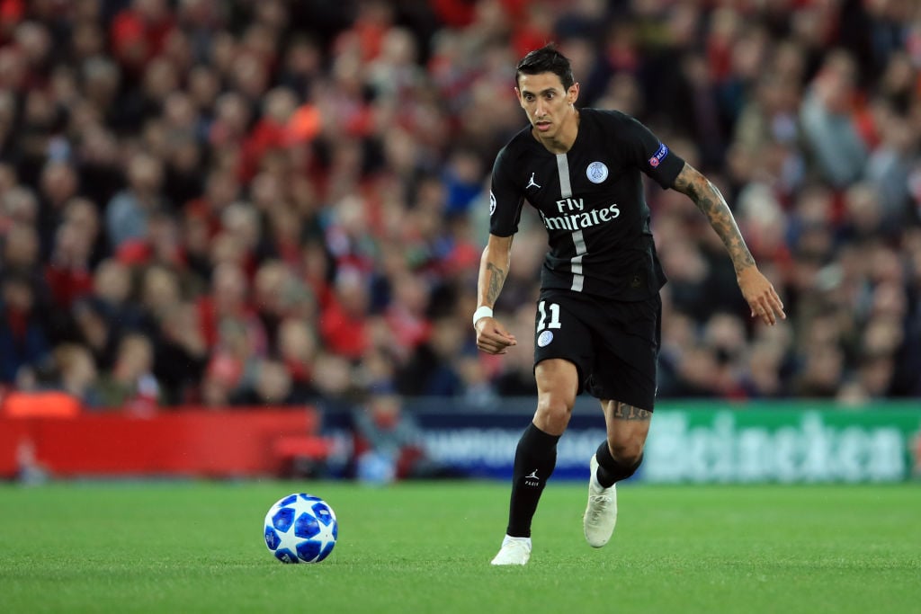 Angel Di Maria of Paris Saint-Germain during the Group C match of the UEFA Champions League between Liverpool and Paris Saint-Germain at Anfield on...