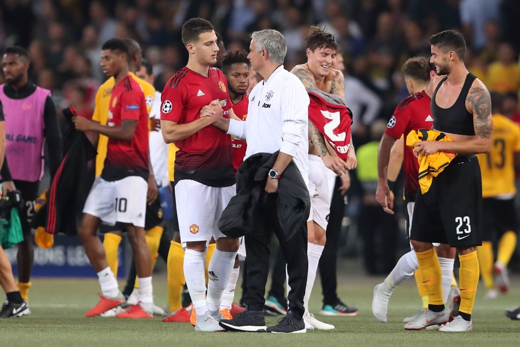 Diogo Dalot of Manchester United and Manchester United Manager  Head Coach Jose Mourinho during the Group H match of the UEFA Champions League betw...