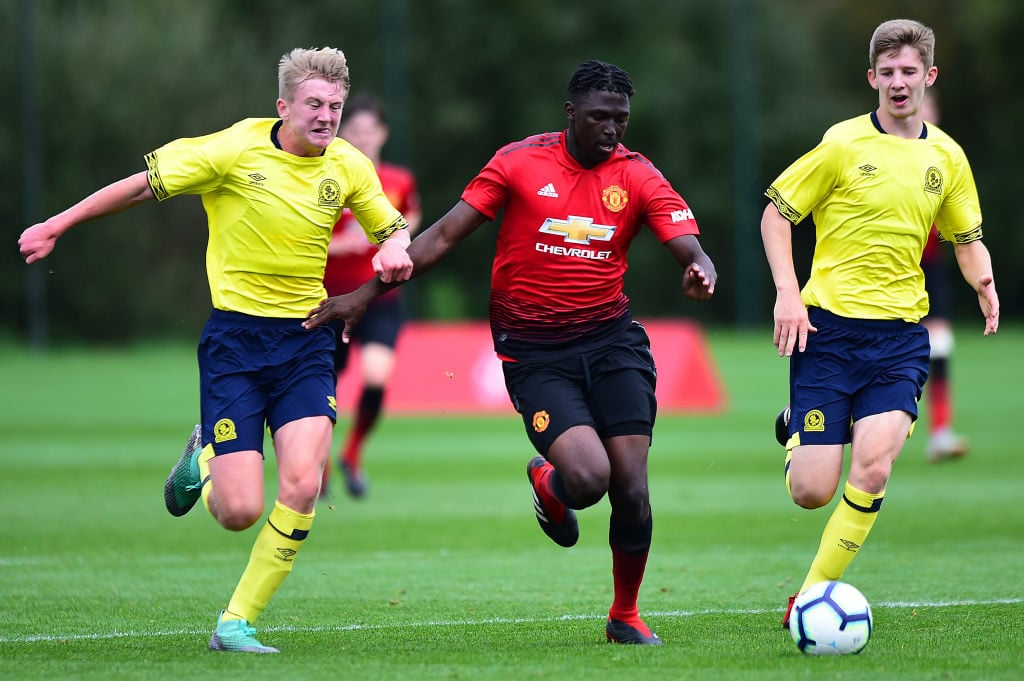 MANCHESTER, ENGLAND - SEPTEMBER 15:  Aliou Traore of Manchester United U18s in action during the U18 Premier League North match between Manchester United U18s and Blackburn Rovers U18s at Aon Training Complex on September 15, 2018 in Manchester, England.  