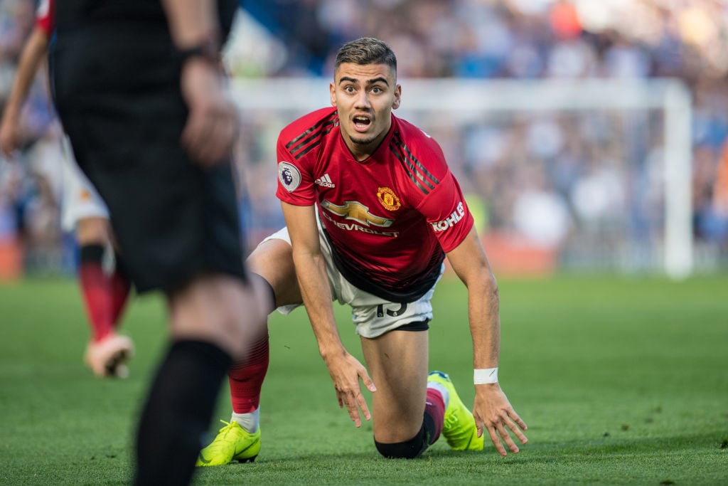 Andreas Pereira of Manchester United looks on assistant referee during the Premier League match between Chelsea FC and Manchester United at Stamfor...