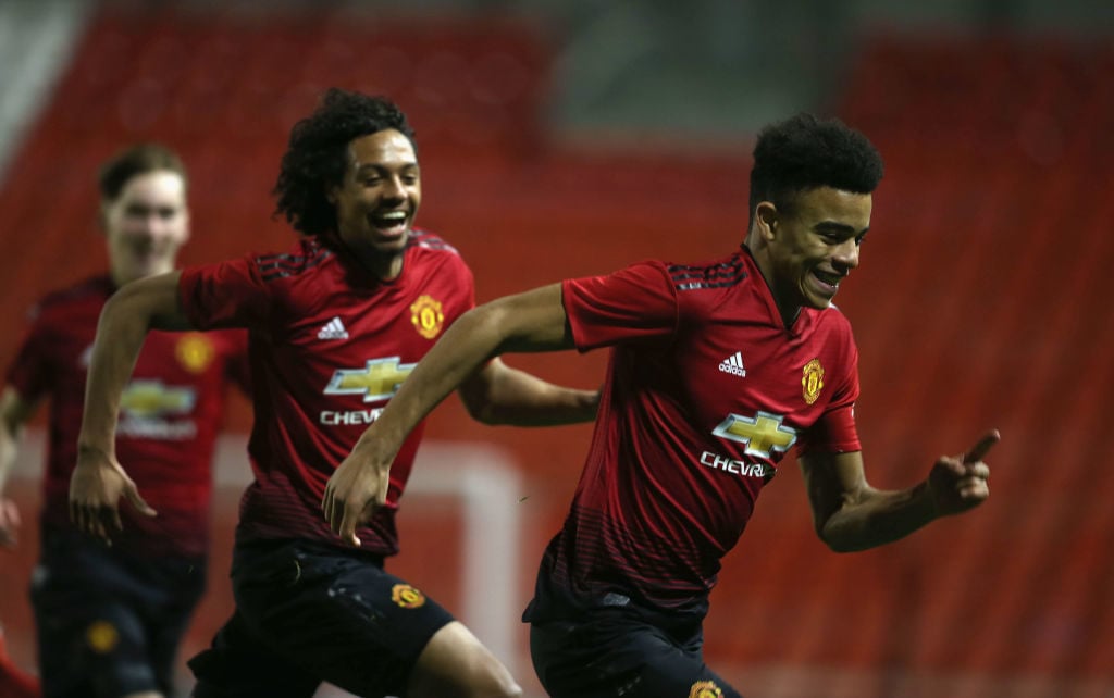LEIGH, GREATER MANCHESTER - DECEMBER 17:  Mason Greenwood (R) of Manchester United U18s celebrates scoring their second goal during the FA Youth Cup Third Round match between Manchester United U18s and Chelsea U18s at Leigh Sports Village on December 17, 2018 in Leigh, Greater Manchester.  