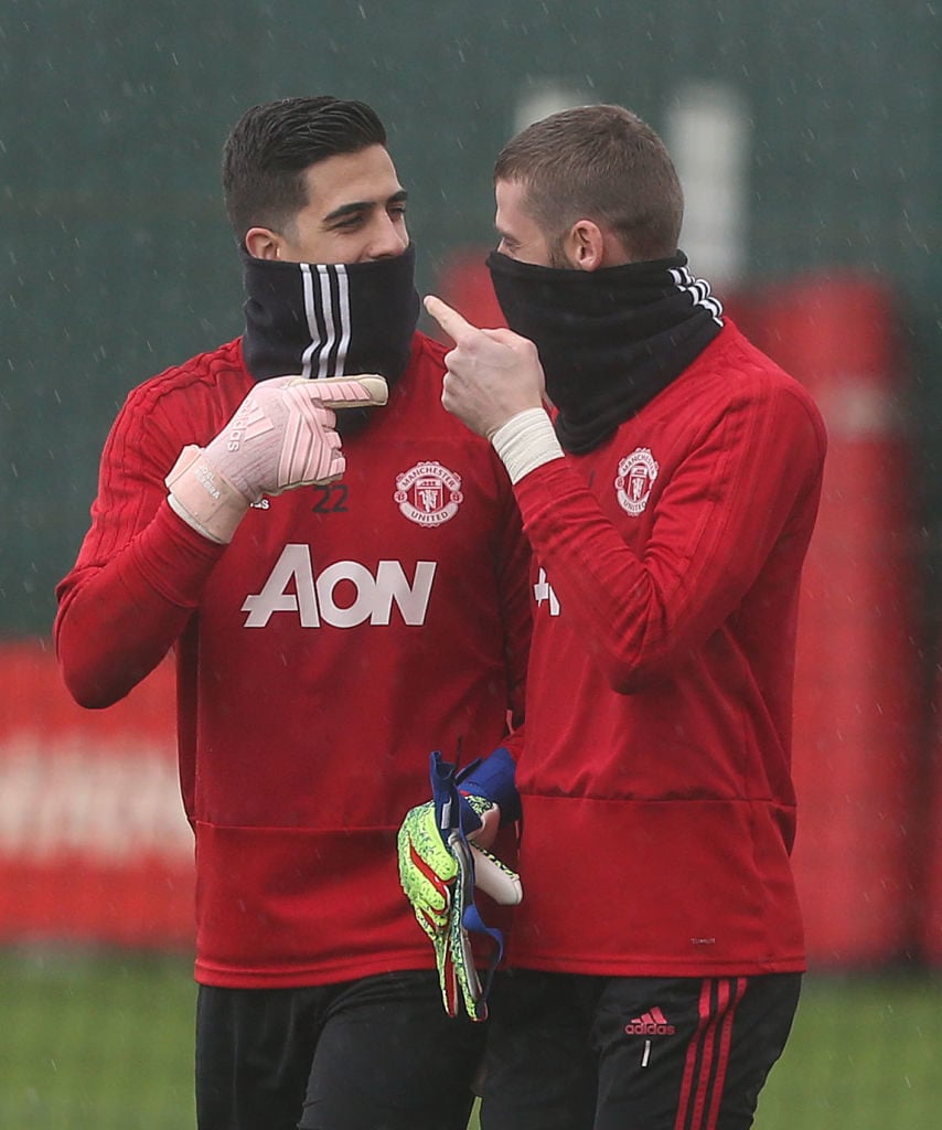 MANCHESTER, ENGLAND - JANUARY 16:  (EXCLUSIVE COVERAGE) Joel Pereira and David de Gea of Manchester United in action during a first team training session at Aon Training Complex on January 16, 2019 in Manchester, England.  