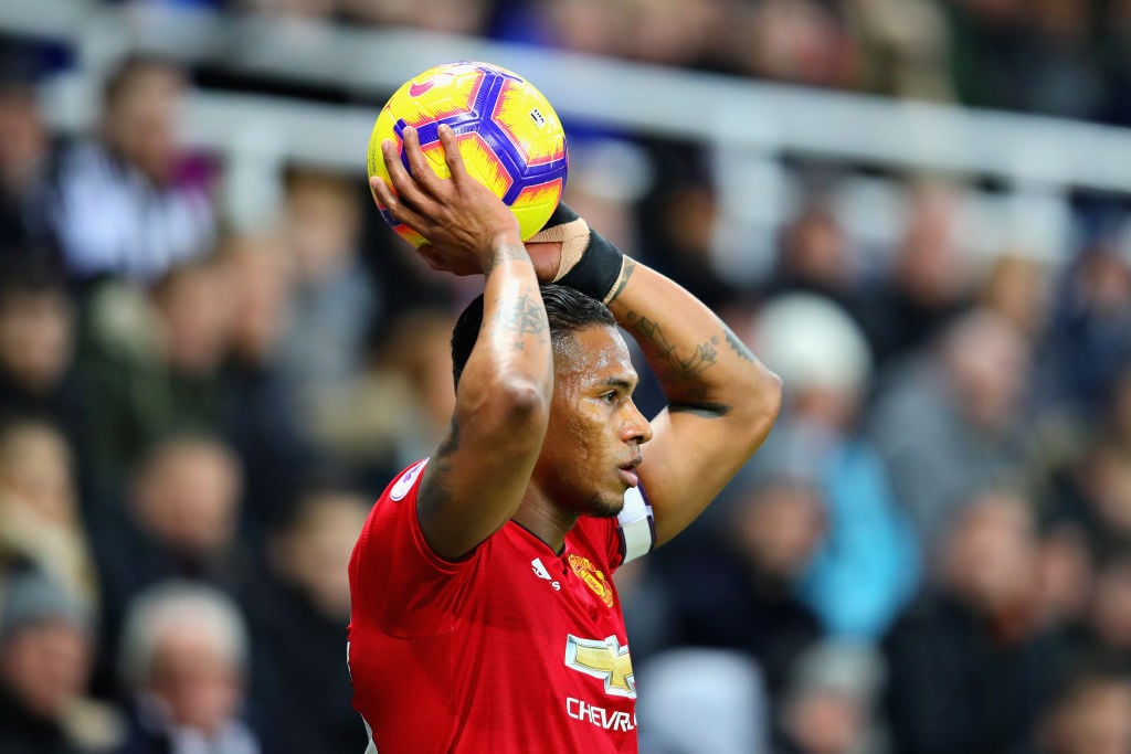 Antonio Valencia of Manchester United prepares to take a throw in during the Premier League match between Newcastle United and Manchester United at...