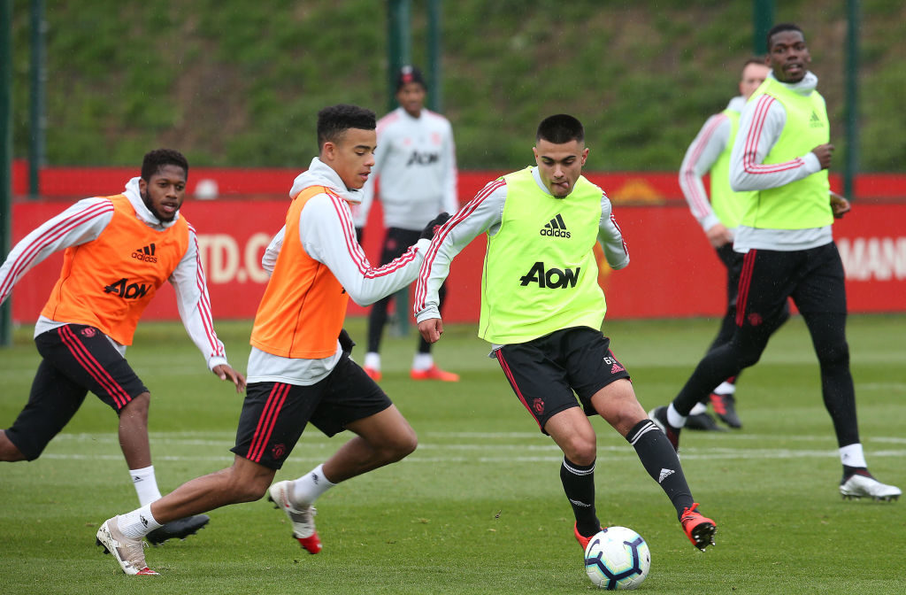 MANCHESTER, ENGLAND - MAY 09: Mason Greenwood and Arnau Puigmal of Manchester United in action during a first team training session at Aon Training Complex on May 09, 2019 in Manchester, England.