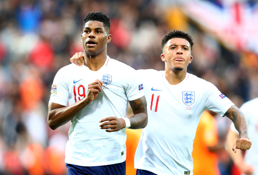 GUIMARAES, PORTUGAL - JUNE 06:  Marcus Rashford of England celebrates as he scores his team's first goal from a penalty with Jadon Sancho during the UEFA Nations League Semi-Final match between the Netherlands and England at Estadio D. Afonso Henriques on June 06, 2019 in Guimaraes, Portugal.  Manchester United.