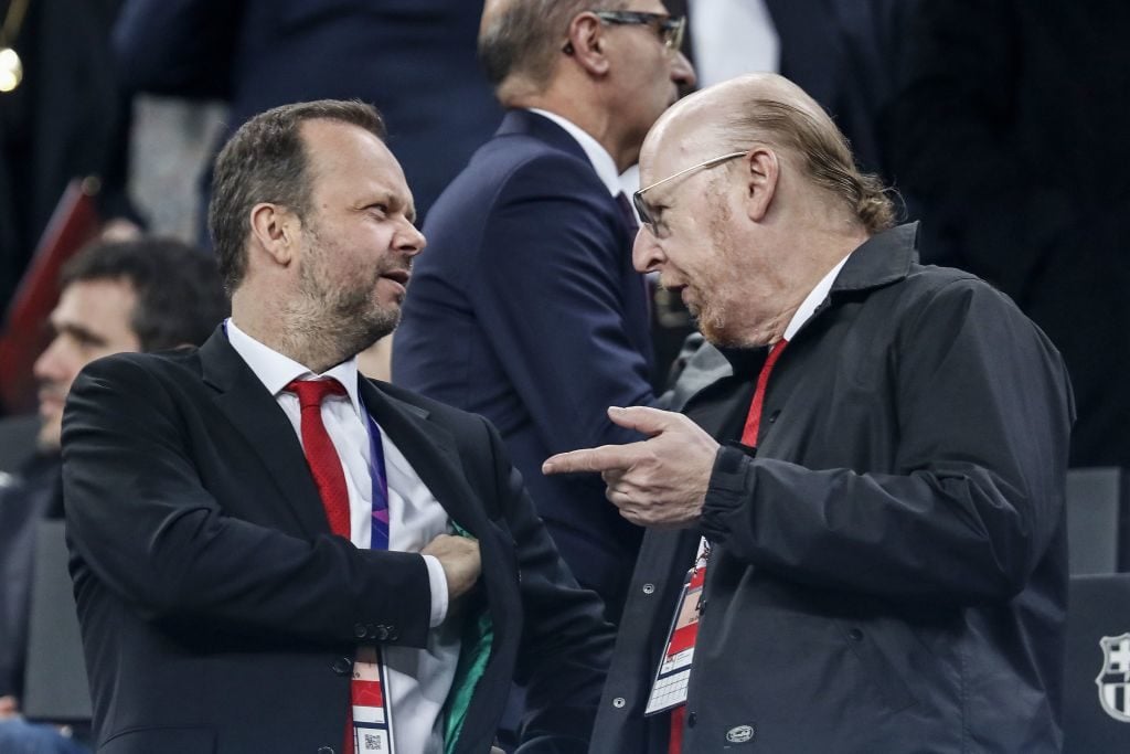 (L-R) Manchester United Executive Vice Chairman and Director Edward Woodward, Manchester United Executive Co-Chairman and Director Avram Glazer during the UEFA Champions League quarter final match between FC Barcelona and Manchester United FC at Camp Nou on April 16, 2019 in Barcelona, Spain. Protest United fans Glazer Woodward. Fans. Solution. 