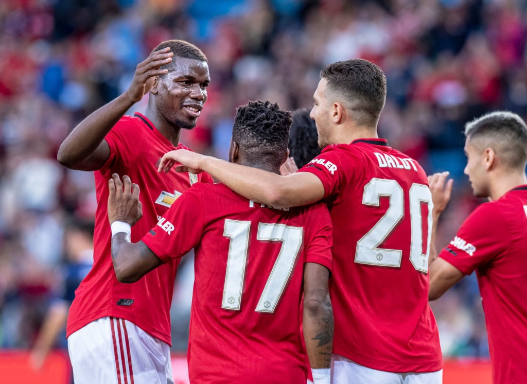 OSLO, NORWAY - JULY 30: Paul Pogba, Frederico Rodrigues de Paula Santos (Fred), Diogo Dalot,   of Manchester United during the Pre-Season Friendly match between Kristiansund BK v Manchester United at Ullevaal Stadion on July 30, 2019 in Oslo. 