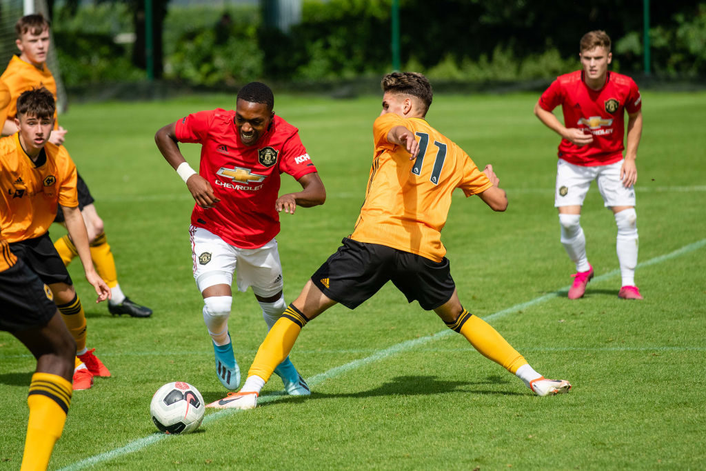 Manchester United academy. WOLVERHAMPTON, ENGLAND - AUGUST 17: Anthony Elanga of Manchester United U18s in action during the U18 Premier League match between Wolverhampton Wanderers U18s and Manchester United U18s at Sir Jack Hayward Training Ground on August 17, 2019 in Wolverhampton, England.