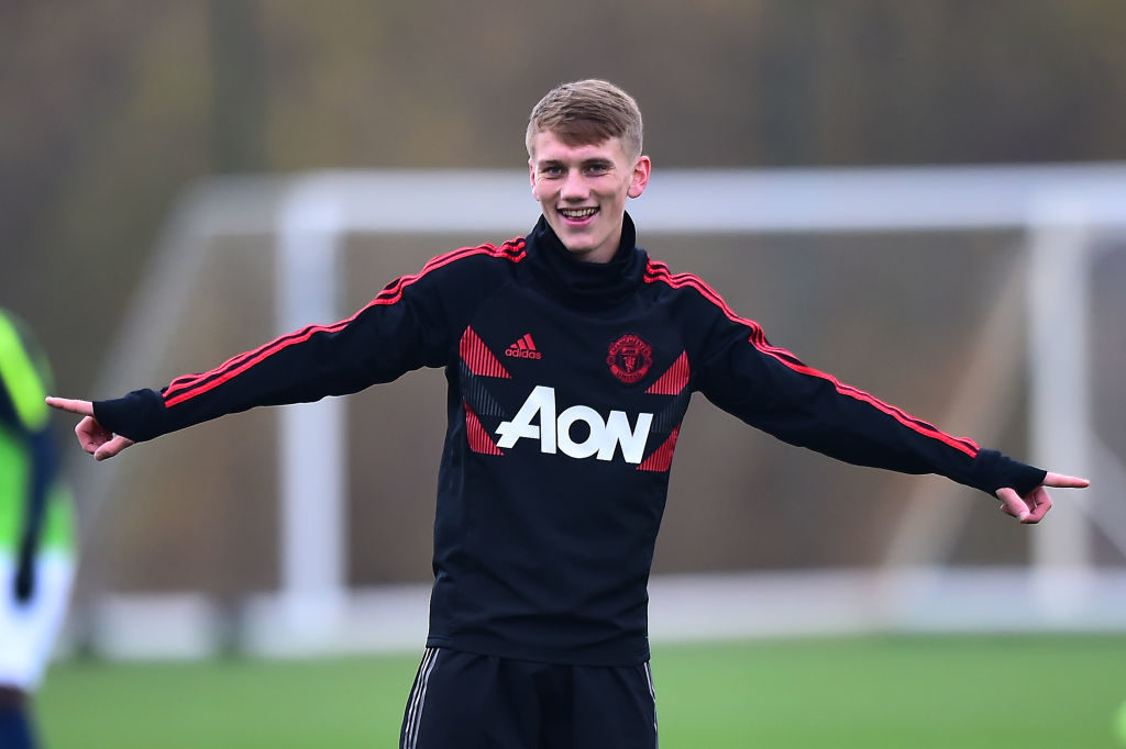 MANCHESTER, ENGLAND - NOVEMBER 24:  Ethan Galbraith of Manchester United U18s warms up ahead of the U18 Premier League North match between Manchester United U18s and Manchester City U18s at Aon Training Complex on November 24, 2018 in Manchester, England. 