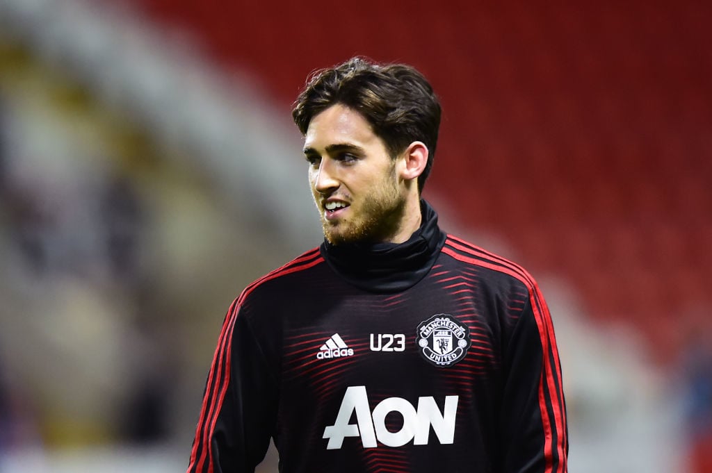LEIGH, GREATER MANCHESTER - JANUARY 11:  Aidan Barlow of Manchester United U23s warms up ahead of the PL2 match between Manchester Unietd U23s and Fulham U23s at Leigh Sports Village on January 11, 2019 in Leigh, Greater Manchester.  Aidan Barlow scored for Manchester United against Benfica in Portugal. Lisbon.