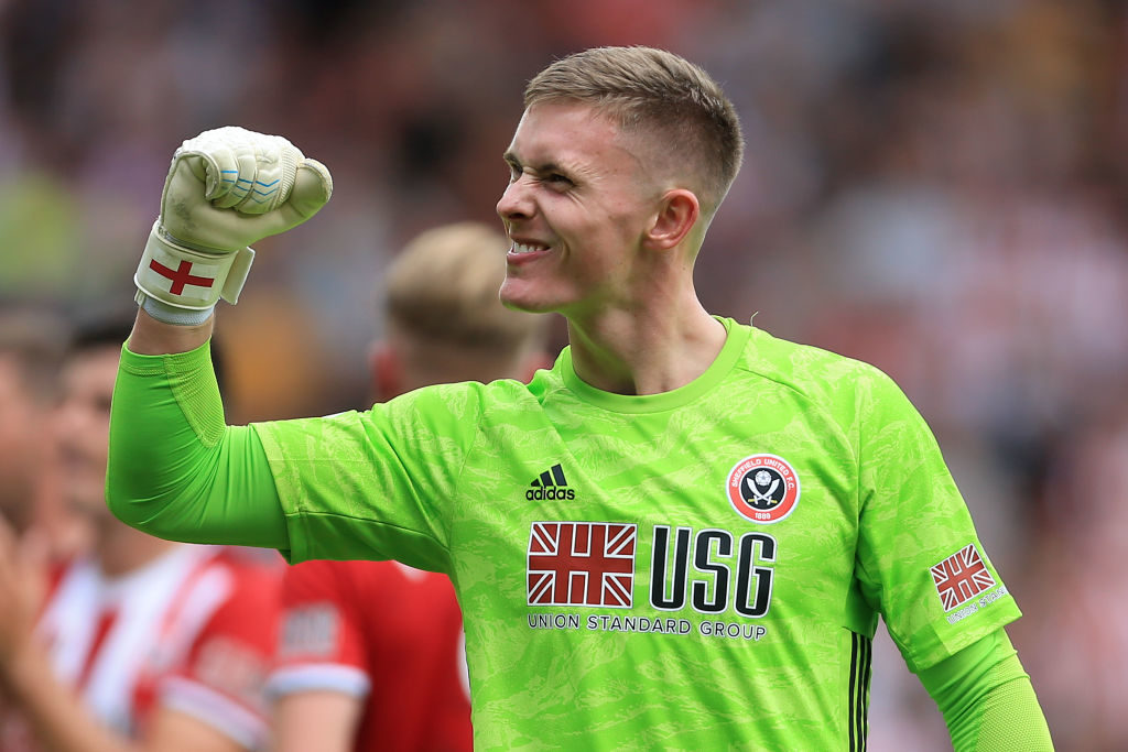 SHEFFIELD, ENGLAND - AUGUST 18: Sheff Utd goalkeeper Dean Henderson celebrates victory after the Premier League match between Sheffield United and Crystal Palace at Bramall Lane on August 18, 2019 in Sheffield, United Kingdom. Manchester City. Manchester United. Penalty. Gabriel Jesus.