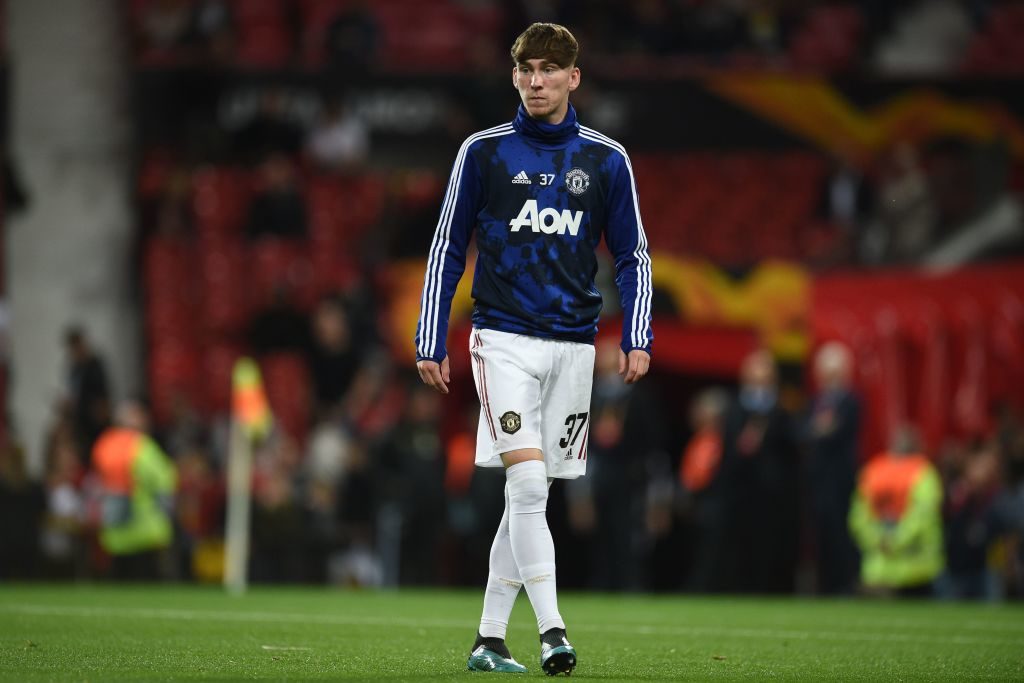 Manchester United's English midfeilder James Garner warms up ahead of the UEFA Europa League Group L football match between Manchester United and Astana at Old Trafford in Manchester, north west England, on September 19, 2019.  Anthony Elanga.