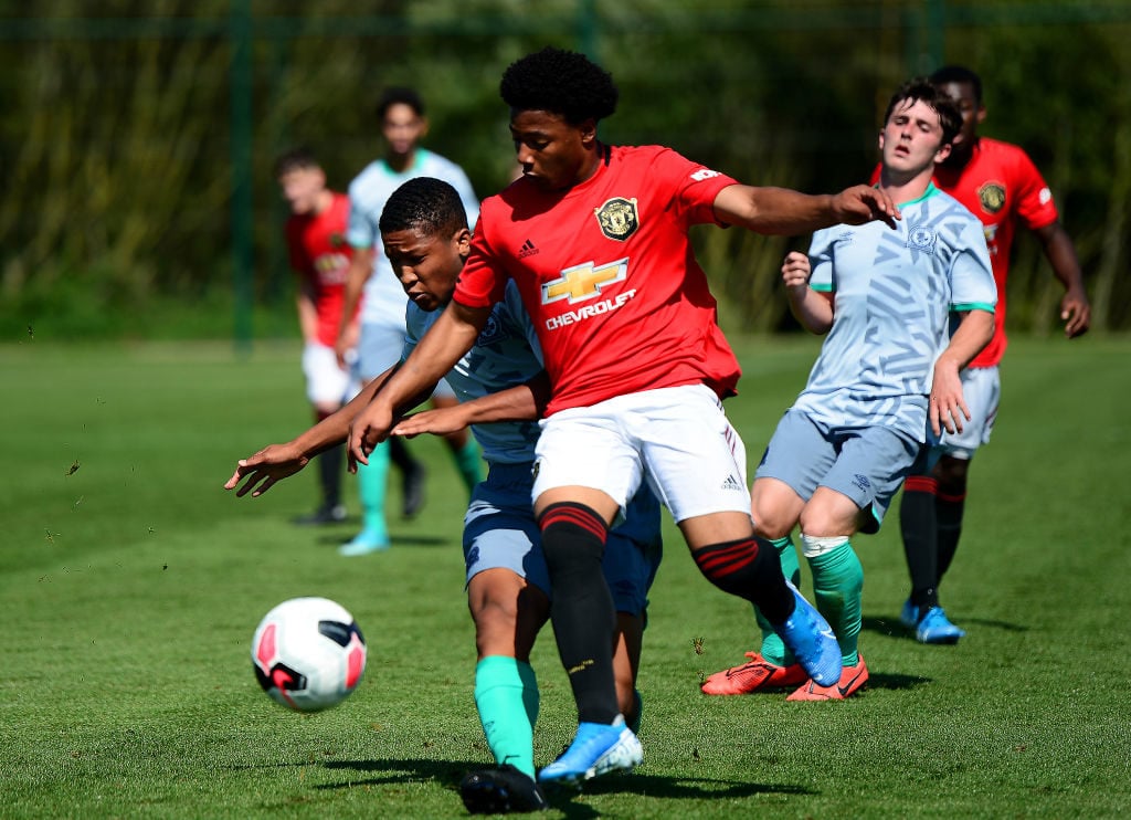 MANCHESTER, ENGLAND - AUGUST 24: Dillon Hoogewerf of Manchester United U18s in action during the U18 Premier League match between Manchester United U18s and Blackburn Rovers U18s at Aon Training Complex on August 24, 2019 in Manchester, England. 