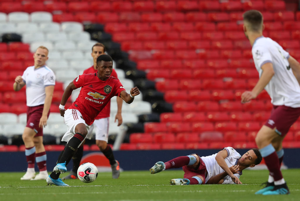 MANCHESTER, ENGLAND - AUGUST 30: Largie Ramazani of Manchester United U23s in action during the Premier League 2 match between Manchester United U23s and West Ham United U23s at Old Trafford on August 30, 2019 in Manchester, England.