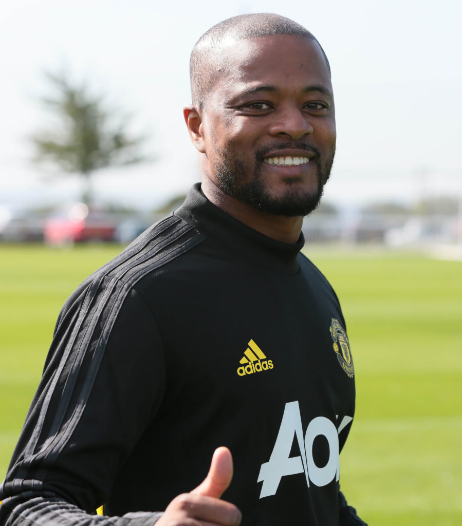 MANCHESTER, ENGLAND - SEPTEMBER 14: Partrice Evra of Manchester United U18s in action during the U18 Premier League match between Manchester United U18s and Derby County U18s at Aon Training Complex on September 14, 2019 in Manchester, England. 