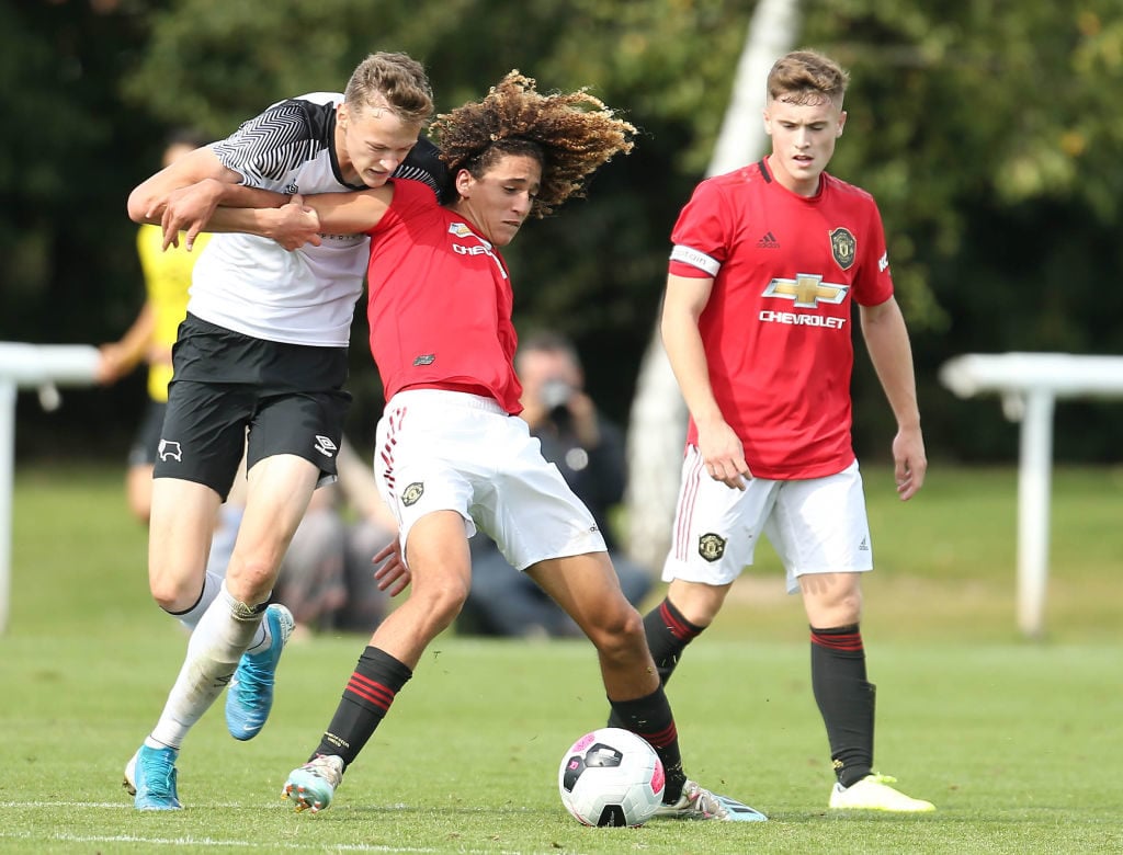 MANCHESTER, ENGLAND - SEPTEMBER 14: Hannibal Mejbri of Manchester United U18s celebrates scoring their first goal during the U18 Premier League match between Manchester United U18s and Derby County U18s at Aon Training Complex on September 14, 2019 in Manchester, England.