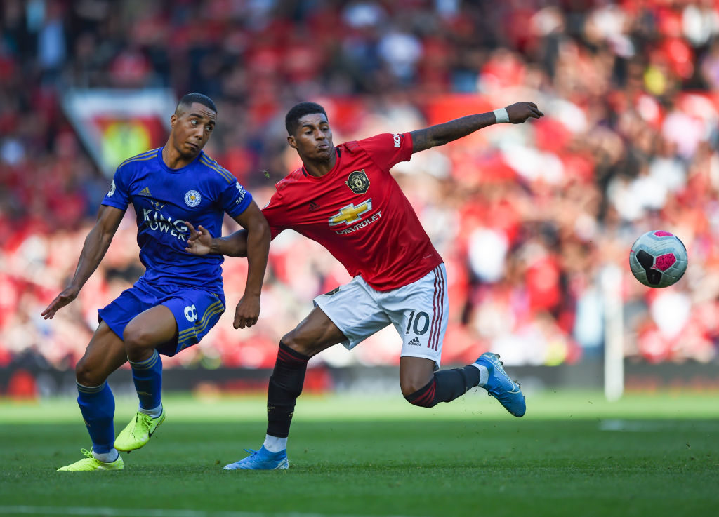 MANCHESTER, ENGLAND - SEPTEMBER 14: Marcus Rashford of Manchester United and Youri Tielemans of Leicester City in action during the Premier League match between Manchester United and Leicester City at Old Trafford on September 14, 2019 in Manchester, United Kingdom. 