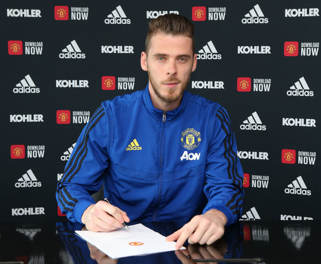 MANCHESTER, ENGLAND - SEPTEMBER 16: (EXCLUSIVE COVERAGE) David de Gea of Manchester United poses after signing a new contract with the club at Aon Training Complex on September 16, 2019 in Manchester, England. 