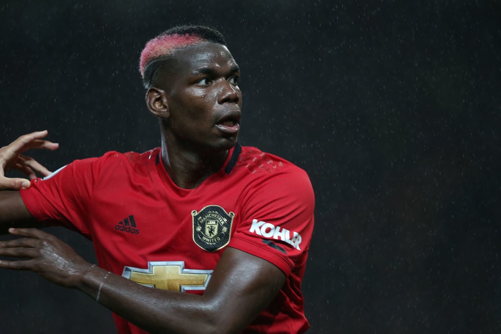 MANCHESTER, ENGLAND - SEPTEMBER 30: Paul Pogba of Manchester United in action during the Premier League match between Manchester United and Arsenal FC at Old Trafford on September 30, 2019 in Manchester, United Kingdom. 
