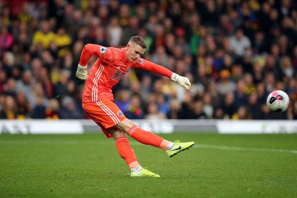 WATFORD, ENGLAND - OCTOBER 05: Dean Henderson of Sheffield United during the Premier League match between Watford FC and Sheffield United at Vicarage Road on October 5, 2019 in Watford, United Kingdom. 