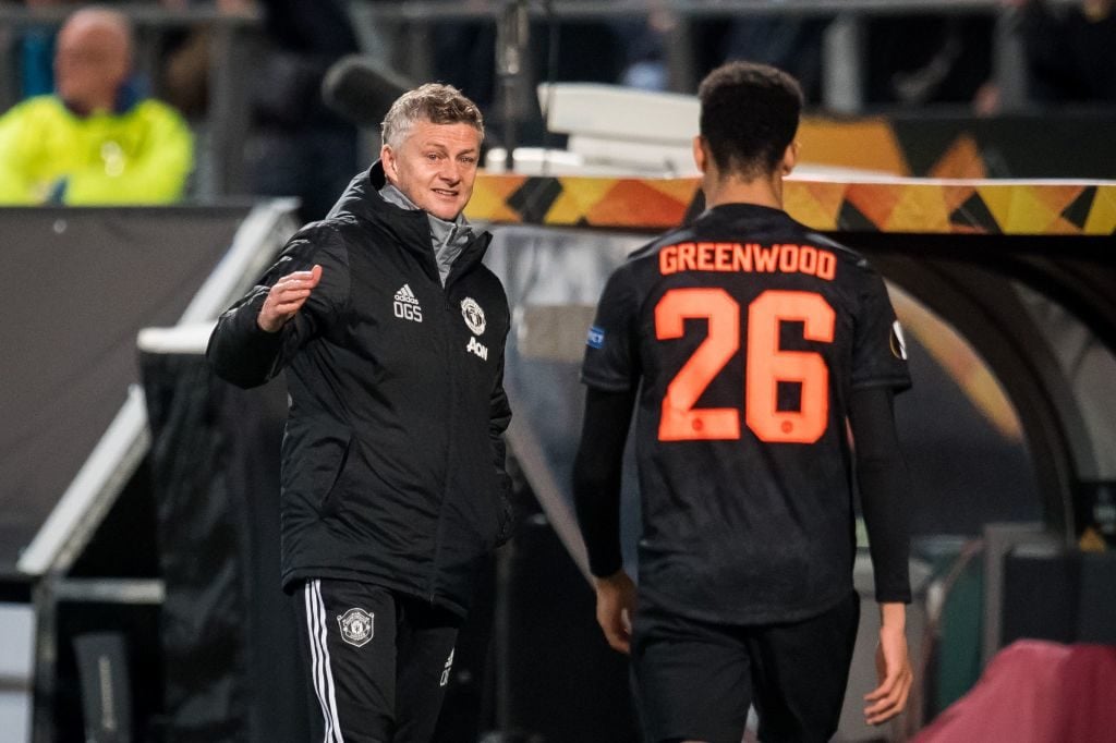 Laird debut. (L-R) coach Ole Gunnar Solskjaer of Manchester United, Mason Greenwood of Manchester United during the UEFA Europa League group L match between AZ Alkmaar and Manchester United at Cars Jeans stadium on October 03, 2019 in The Hague, The Netherlands