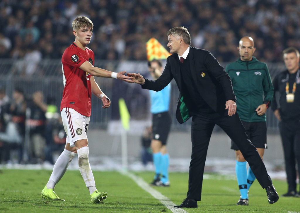 BELGRADE, SERBIA - OCTOBER 24: Manager Ole Gunnar Solskjaer of Manchester United and Brandon Williams of Manchester United during the UEFA Europa League group L match between Partizan and Manchester United at Partizan Stadium on October 24, 2019 in Belgrade, Serbia. 