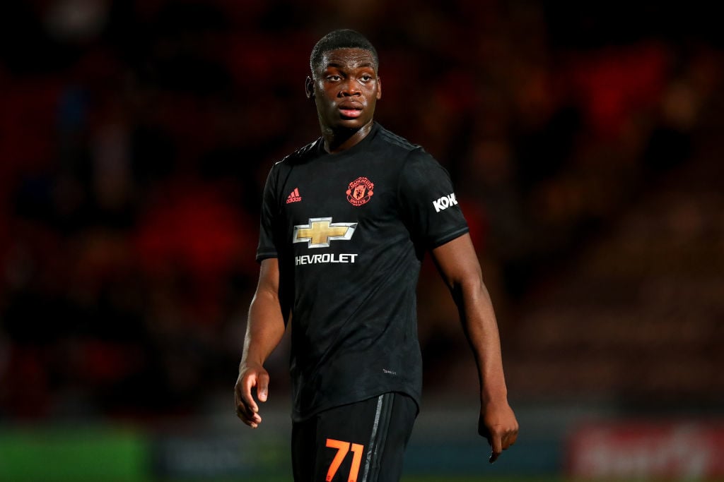 DONCASTER, ENGLAND - OCTOBER 29: Teden Mengi of Manchester United U21 during the Leasing.com Trophy match fixture between Doncaster Rovers and Manchester United U21's at Keepmoat Stadium on October 29, 2019 in Doncaster, England.