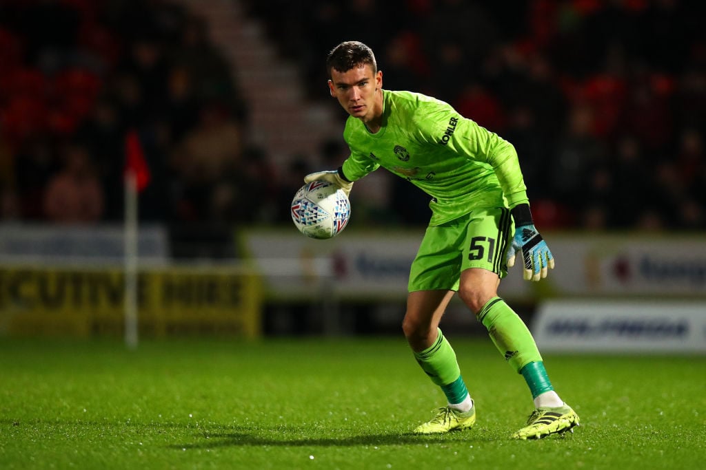 DONCASTER, ENGLAND - OCTOBER 29: Matej Kovar of Manchester United U21 during the Leasing.com Trophy match fixture between Doncaster Rovers and Manchester United U21's at Keepmoat Stadium on October 29, 2019 in Doncaster, England. Laird debut.
