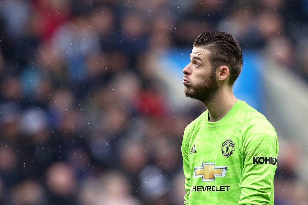 NEWCASTLE UPON TYNE, ENGLAND - OCTOBER 06: David De Gea of Manchester United reacts during the Premier League match between Newcastle United and Manchester United at St. James Park on October 06, 2019 in Newcastle upon Tyne, United Kingdom. 