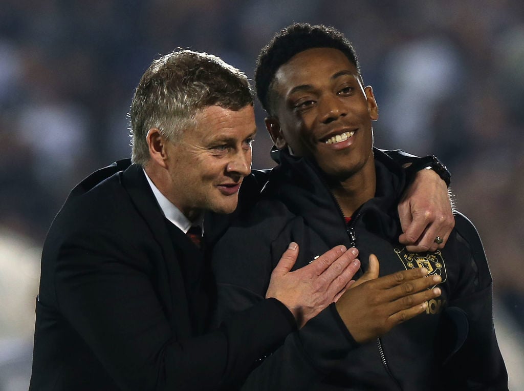 BELGRADE, SERBIA - OCTOBER 24: Manager Ole Gunnar Solskjaer and Anthony Martial of Manchester United walk off after the UEFA Europa League group L match between Partizan and Manchester United at Partizan Stadium on October 24, 2019 in Belgrade, Serbia. 