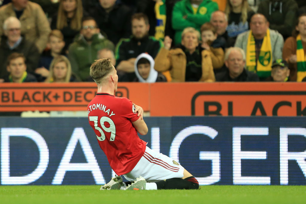 NORWICH, ENGLAND - OCTOBER 27: Scott McTominay of Manchester United celebrates after scoring his sides first goal during the Premier League match between Norwich City and Manchester United at Carrow Road on October 27, 2019 in Norwich, United Kingdom.