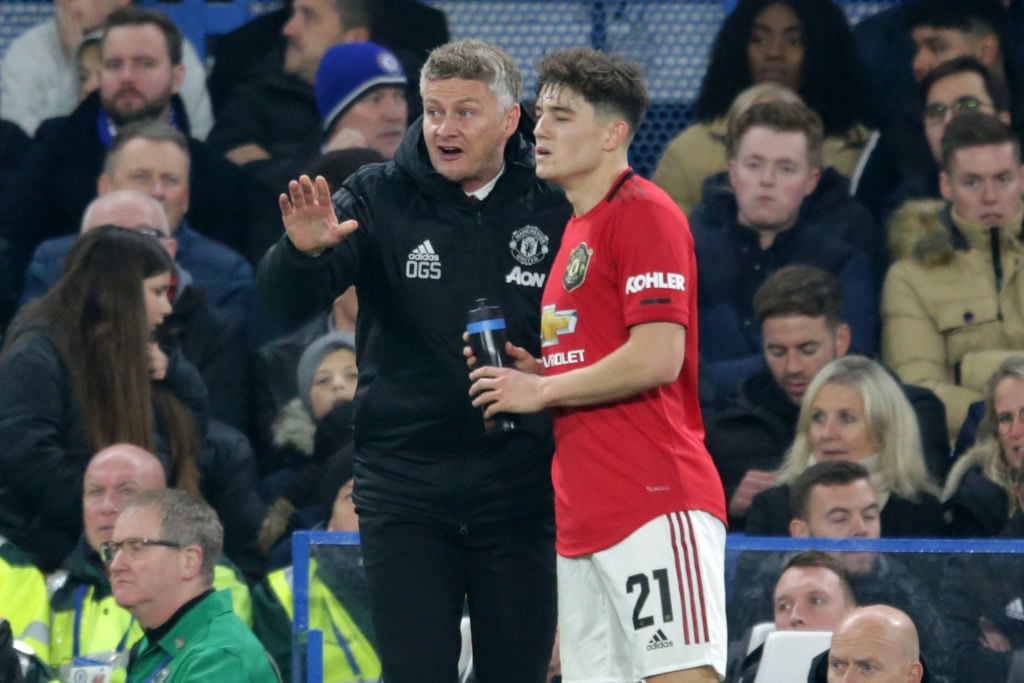 LONDON, ENGLAND - OCTOBER 30: Ole Gunnar Solskjaer with Daniel James of Manchester United during the Carabao Cup Round of 16 match between Chelsea FC and Manchester United at Stamford Bridge on October 30, 2019 in London, England. Brighton. 