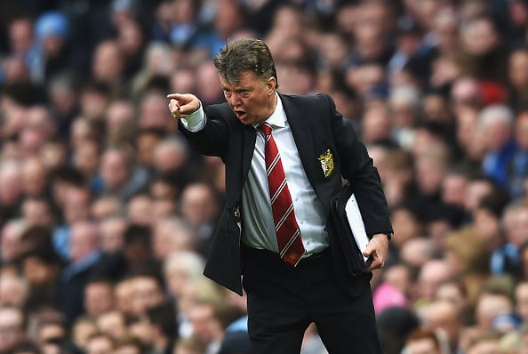 Louis van Gaal manager of Manchester United reacts during the Barclays Premier League match between Manchester City and Manchester United at Etihad...