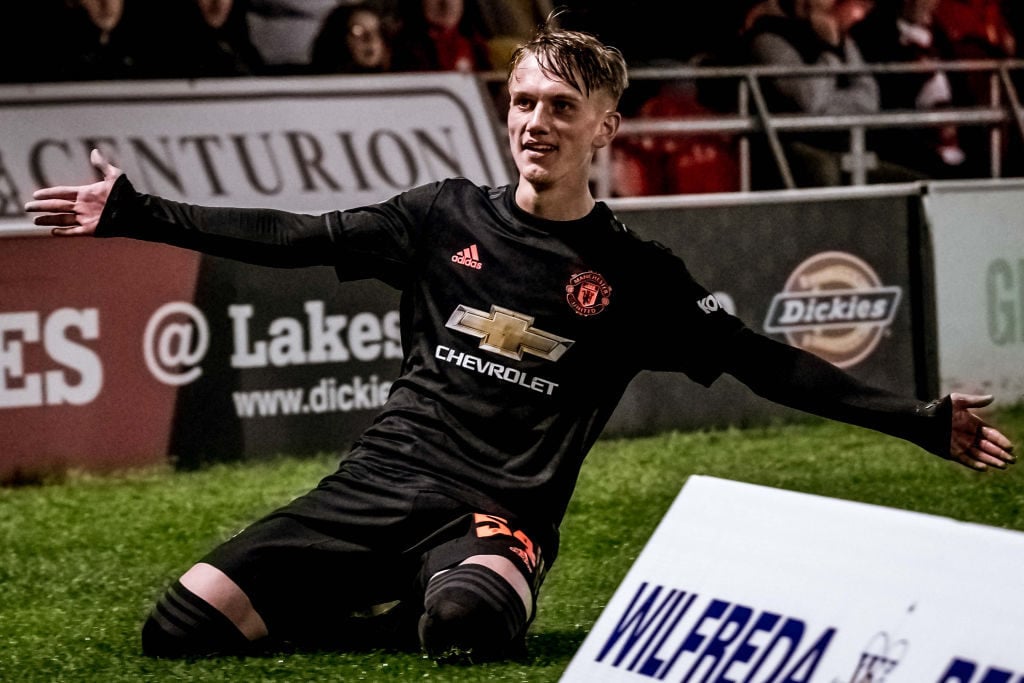 DONCASTER, ENGLAND - OCTOBER 29: Ethan Galbraith of Manchester United U21s celebrates scoring their first goal during the Leasing.com Trophy match between Doncaster Rovers and Manchester United U21s at Keepmoat Stadium on October 29, 2019 in Doncaster, England. Puigmal.