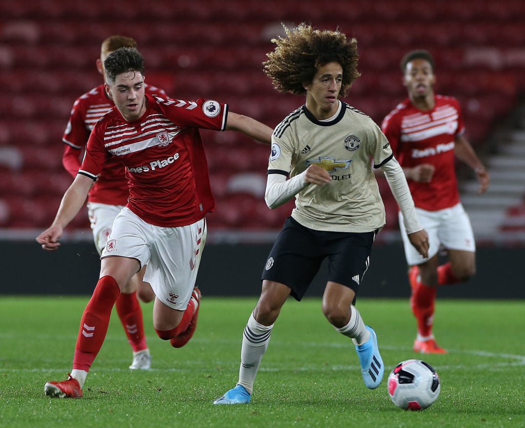 Manchester United academy. Youth players. Mejbri. Mengi. Ramazani. Traore. Kovar. Emeran. Pogba. Martial. MIDDLESBROUGH, ENGLAND - NOVEMBER 04: Hannibal Mejbri of Manchester United U23s in action during the Premier League 2 match between Middlesbrough U23s and Manchester United U23s at Riverside Stadium on November 04, 2019 in Middlesbrough, England.