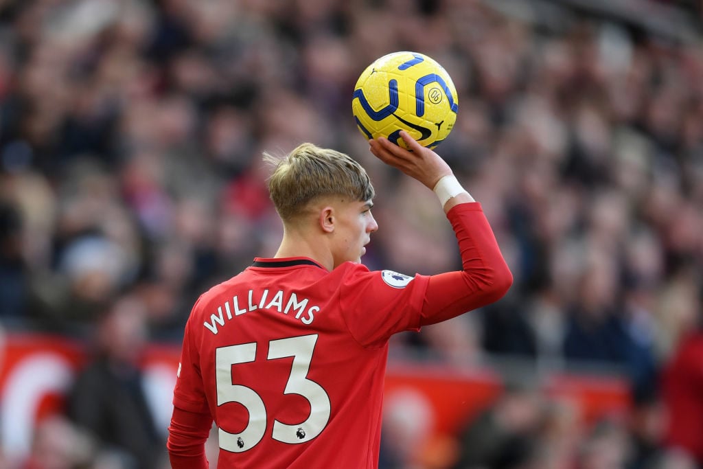 MANCHESTER, ENGLAND - NOVEMBER 10: Brandon Williams of Manchester United carries the ball during the Premier League match between Manchester United and Brighton & Hove Albion at Old Trafford on November 10, 2019 in Manchester, United Kingdom.