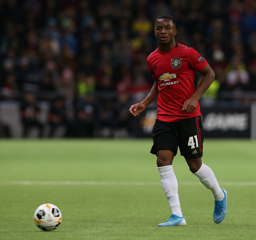 Ethan Laird of Manchester United in action during the UEFA Europa League group L match between FK Astana and Manchester United at Astana Arena on N...