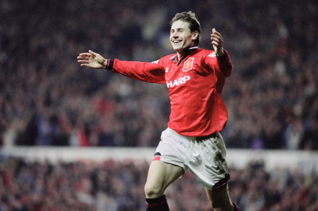 English Premier League match at Old Trafford. Manchester United 3 v Crystal Palace 0. Andrei Kanchelskis celebrates his goal to put United 3-0 in t...