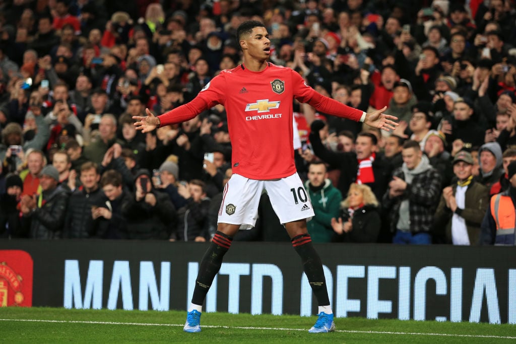 Solskjaer was brave and kept Rashford out wide. MANCHESTER, ENGLAND - DECEMBER 04: Marcus Rashford of Man Utd celebrates after scoring their 1st goal during the Premier League match between Manchester United and Tottenham Hotspur at Old Trafford on December 4, 2019 in Manchester, United Kingdom. 