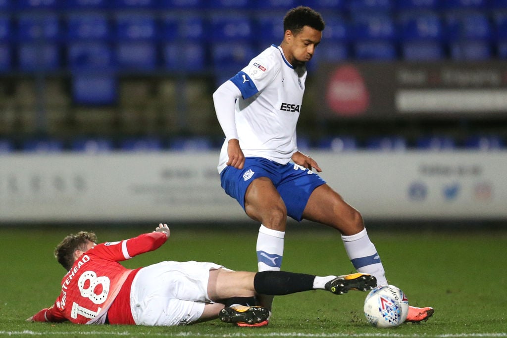 Cameron Borthwick-Jackson of Tranmere Rovers is challenged by Danny Whitehead of Salford City during the Leasing.com Trophy Northern Group C match ...