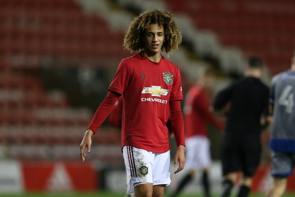 LEIGH, ENGLAND - DECEMBER 13: Hannibal Mejbri of Manchester United reacts during the FA Youth Cup Third Round match between Manchester United and Lincoln City at Leigh Sports Village on December 13, 2019 in Leigh, England.