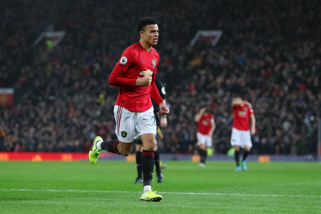 MANCHESTER, ENGLAND - JANUARY 11: Mason Greenwood of Manchester United celebrates after scoring his team's fourth goal during the Premier League match between Manchester United and Norwich City at Old Trafford on January 11, 2020 in Manchester, United Kingdom. 