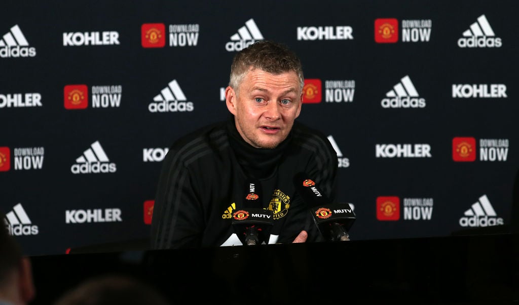 (EXCLUSIVE COVERAGE) Manager Ole Gunnar Solskjaer of Manchester United speaks during a press conference at Aon Training Complex on January 17, 2020...