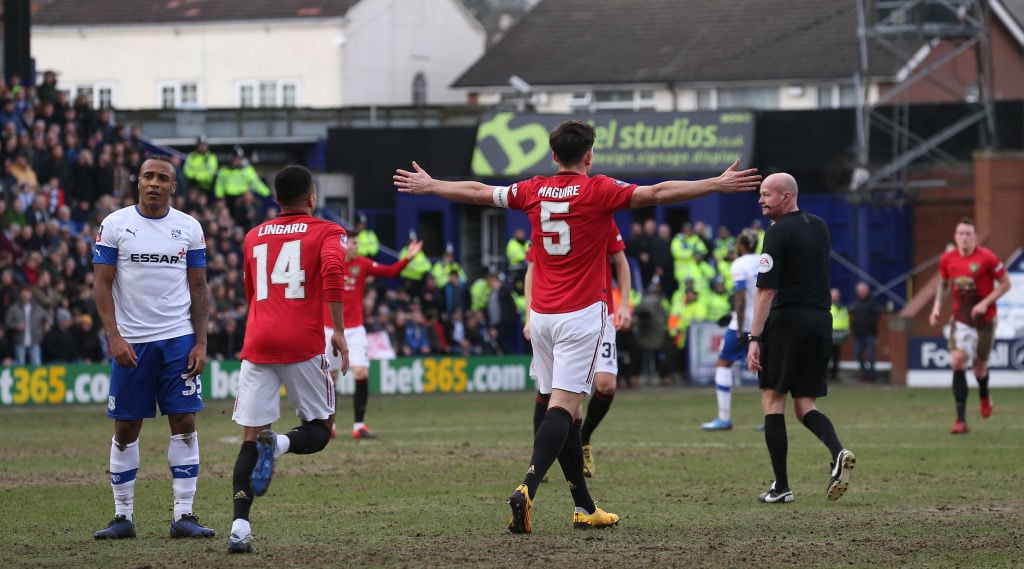 BIRKENHEAD, ENGLAND - JANUARY 26: Harry Maguire of Manchester United celebrates scoring their first goal during the FA Cup Fourth Round match between Tranmere Rovers and Manchester United at Prenton Park on January 26, 2020 in Birkenhead, England. 
