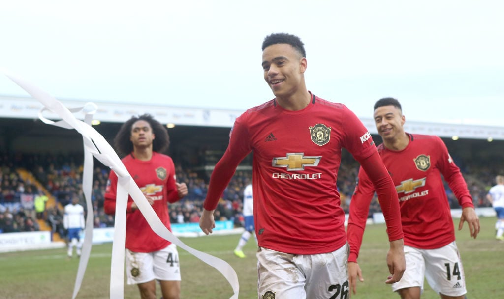 BIRKENHEAD, ENGLAND - JANUARY 26: Mason Greenwood of Manchester United celebrates scoring their sixth goal during the FA Cup Fourth Round match between Tranmere Rovers and Manchester United at Prenton Park on January 26, 2020 in Birkenhead, England.