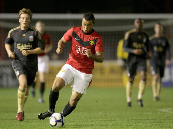 ALTRINCHAM, ENGLAND - OCTOBER 29: Joshua King of Manchester United in action during the Lancashire Sernor Cup match between Manchester United Reserves and Liverpool Reserves at Moss Lane on October 29 2009 in Altrincham, England.
