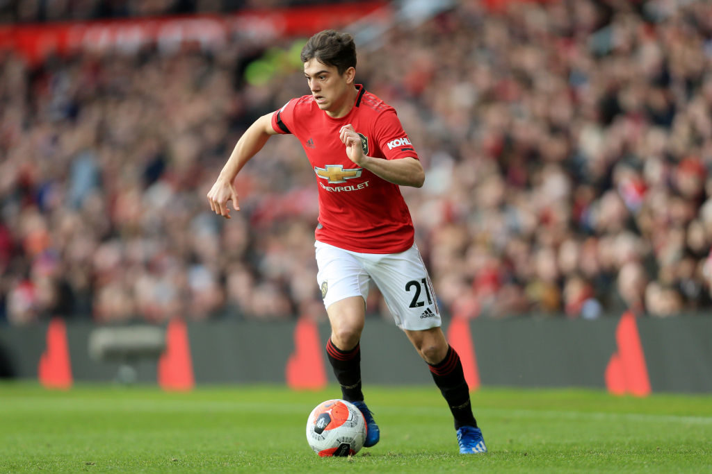 Daniel James of Man Utd in action during the Premier League match between Manchester United and Watford FC at Old Trafford on February 23, 2020 in ...