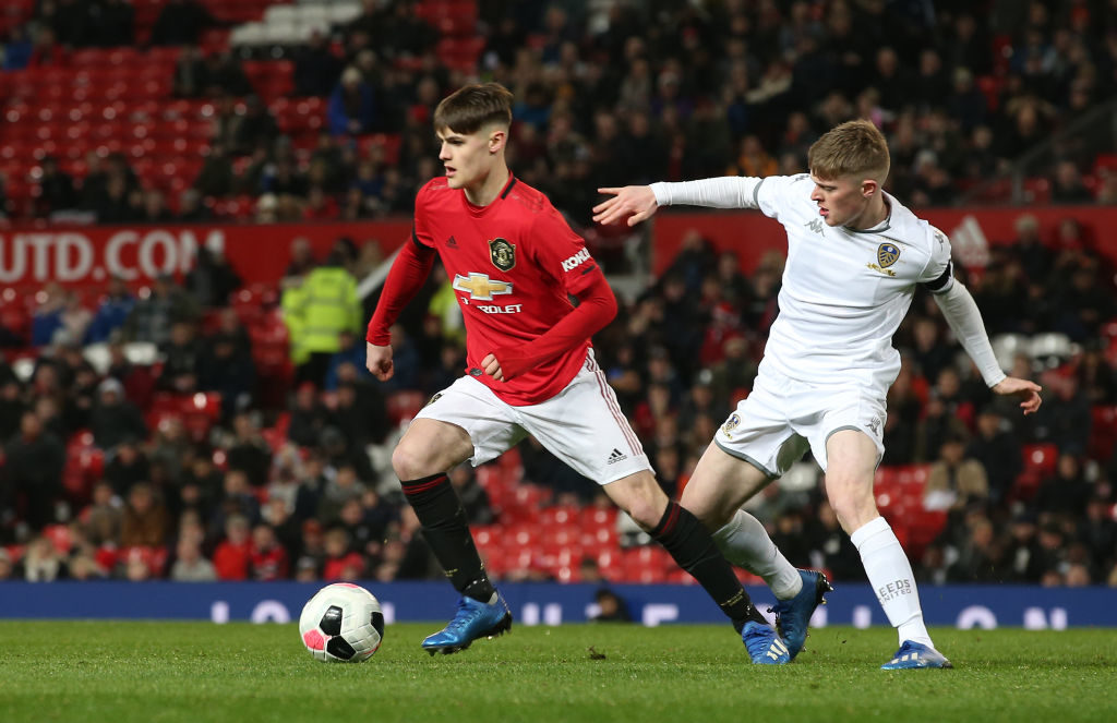 MANCHESTER, ENGLAND - FEBRUARY 05: Mark Helm of Manchester United U18s in action during the FA Youth Cup FIfth Round match between Manchester United U18s and Leeds United U18s at Old Trafford on February 05, 2020 in Manchester, England.