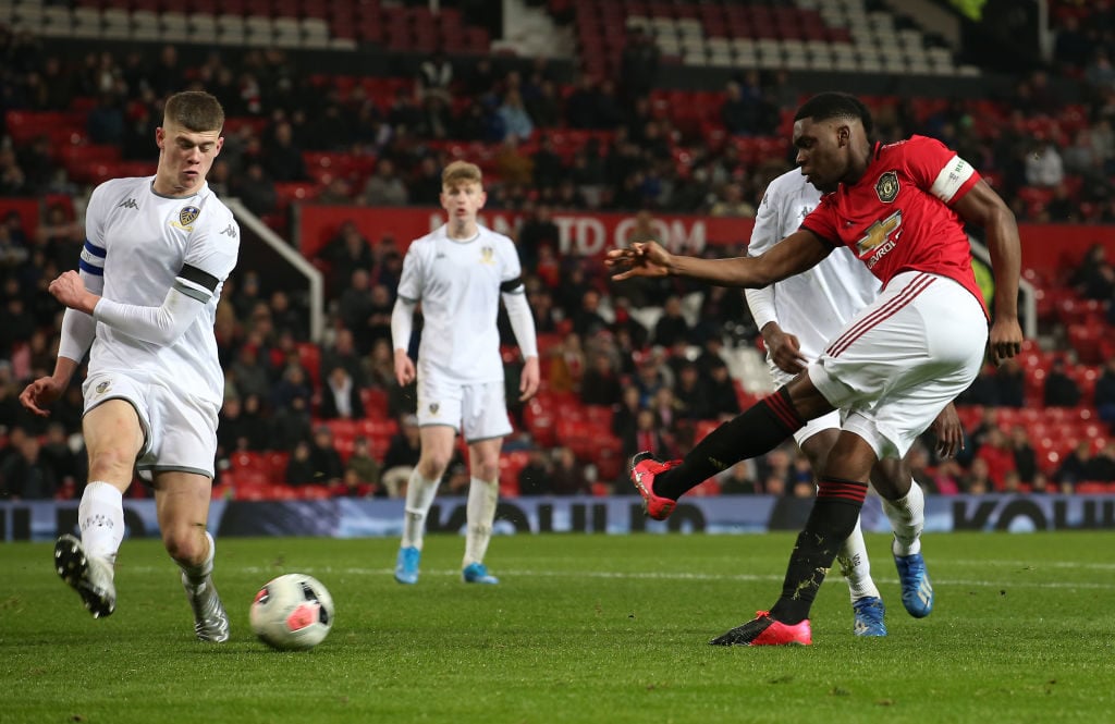 MANCHESTER, ENGLAND - FEBRUARY 05: Teden Mengi of Manchester United U18s in action during the FA Youth Cup FIfth Round match between Manchester United U18s and Leeds United U18s at Old Trafford on February 05, 2020 in Manchester, England.